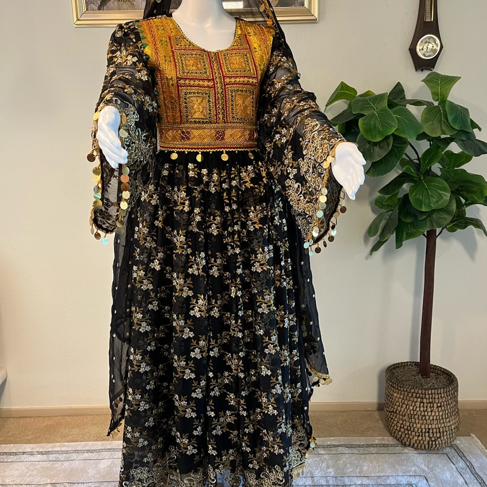 Black & Gold Embroidered Maxi Dress with Yellow Bodice